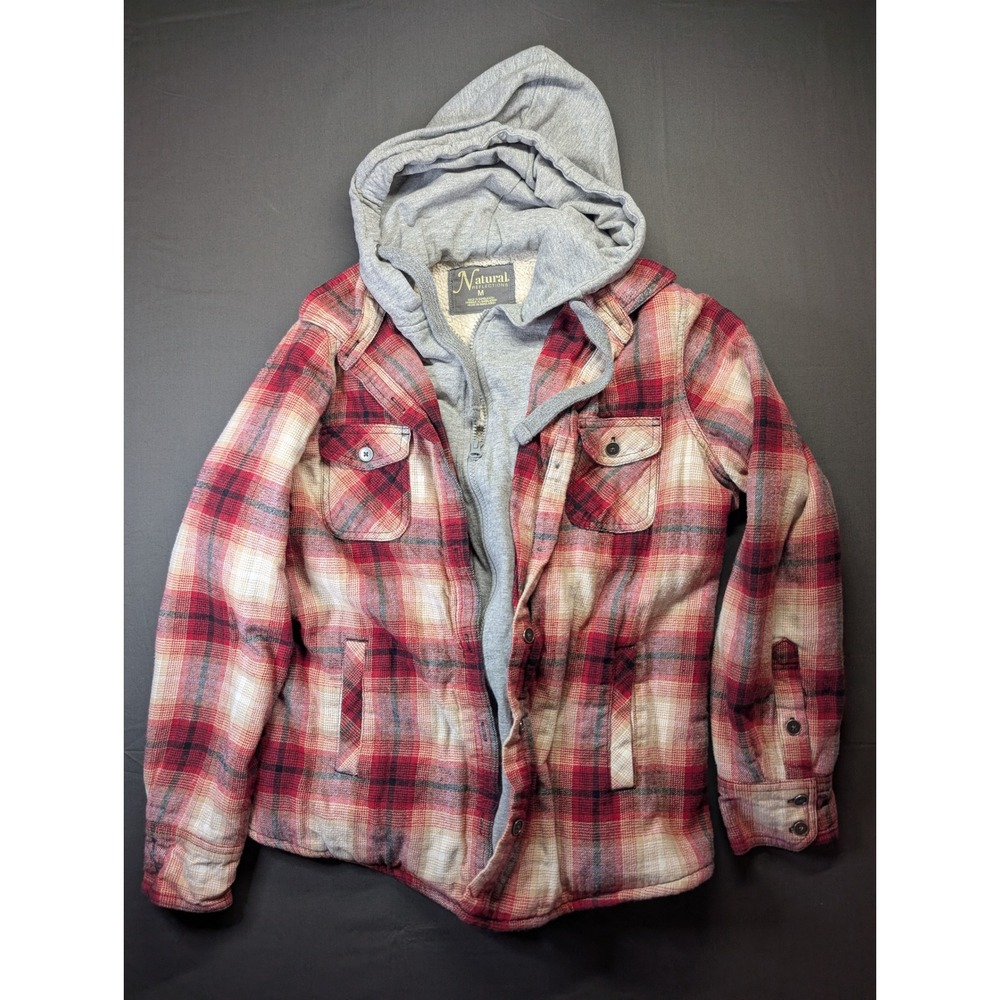Natural Reflections Mens Red Plaid Sherpa Lined Hooded Flannel Shirt Jacket M
